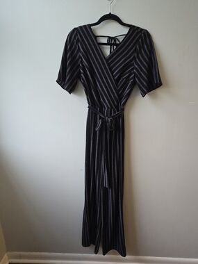 Trixxi Striped Black & Gray Faux Wrap Jumpsuit - Size Small